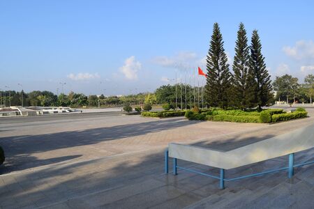 green square with pine tree and vietnamese flag in blue skyの写真素材