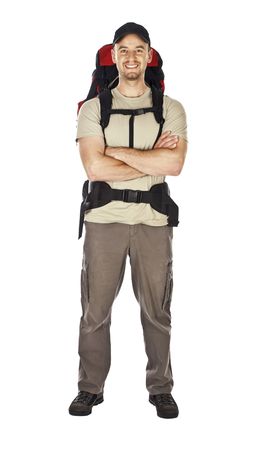 travel image of young caucasian man isolated on white with big backpackの写真素材