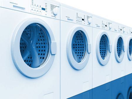3d image of classic white washing machine backgroundの写真素材