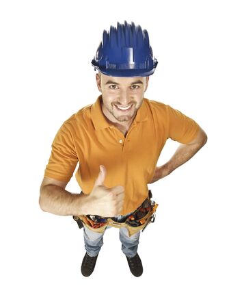 young constructor worker isolated on white view from aboveの写真素材