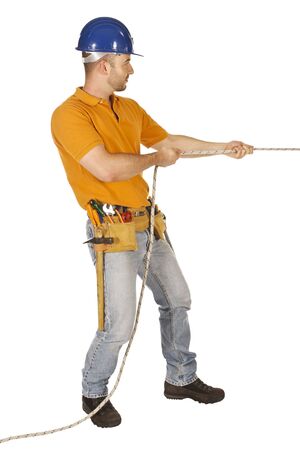 young caucasian mantool isolated on white with ropeの写真素材