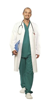 portrait of young caucasian walking doctor isolated on whiteの写真素材
