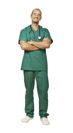 portrait of young caucasian doctor isolated on whiteの写真素材