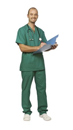 portrait of young caucasian doctor isolated on whiteの写真素材