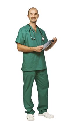 portrait of young caucasian doctor isolated on whiteの写真素材