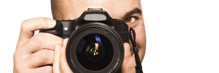 young caucasian detail  photographer on white background with space for textの写真素材