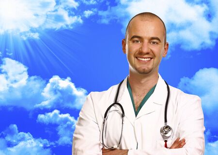 fine close up portrait of doctor and blue sky backgroundの写真素材