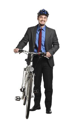 young adult businessman with bicycle on white backgroundの写真素材