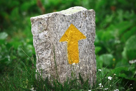 yellow stone arrow sign and green nature backgroundの写真素材