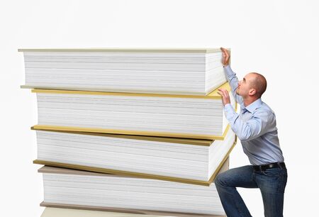 caucasian worker try to climb a pile of book 3d backgroundの写真素材