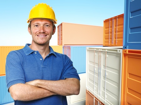smiling worker and  classic container 3d background