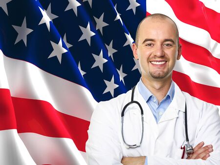 fine 3d image of america flag background and smiling doctorの写真素材