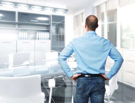 standing caucasian man in 3d modern office