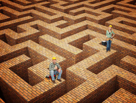 fine 3d illustration brick maze and workerの写真素材