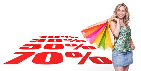 caucasian woman with shopping bag and 3d background
