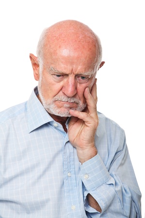 caucasian old man thinking isolated on whiteの写真素材