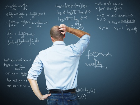 young teacher and blackboard with mat write