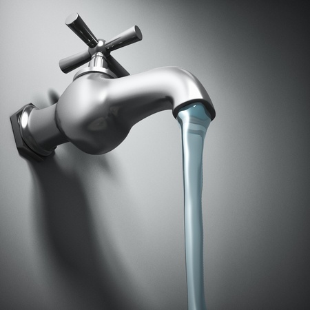 3d image of metal tap and running waterの写真素材