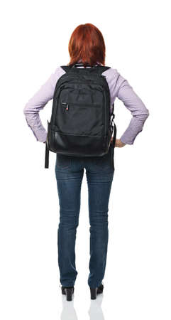 caucasian woman standing back view with backpack