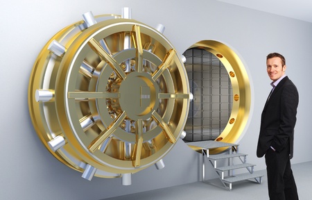 smiling man and vault door backgroundの写真素材