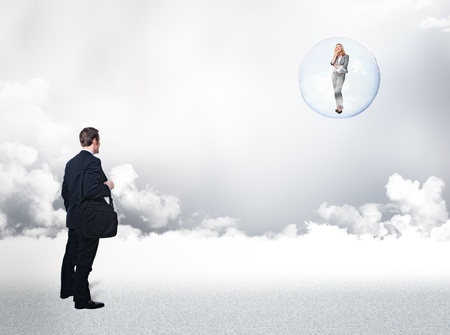 woman in soap bubble and businessman