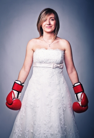 portrait of bride wearing boxing glovesの写真素材