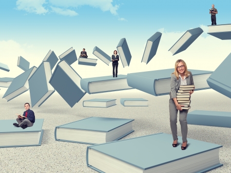 people on flying 3d booksの写真素材