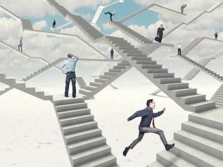 different people on 3d abstract stairsの写真素材