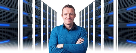 smiling man in data center