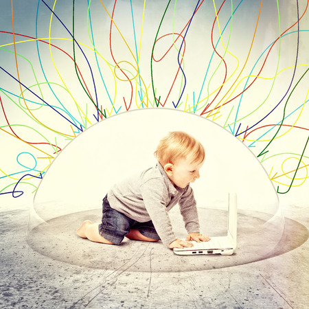 happy kid and 3d bubble shieldの写真素材