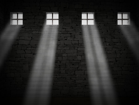 3d image of dark jail and bright windowの写真素材