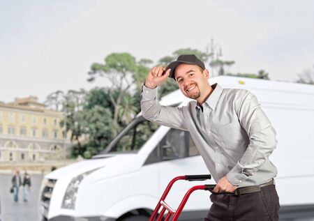 portrait of caucasian delivery man on white background