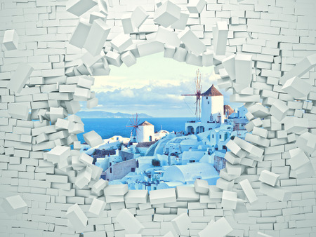 breaking 3d wall and santorini landscapeの写真素材