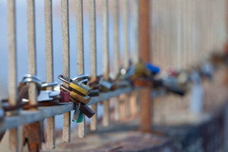 Oia,Santorini, GREECE - June 14, 2015:padlocks with love message left on the fence of the castle of Oiaのeditorial素材