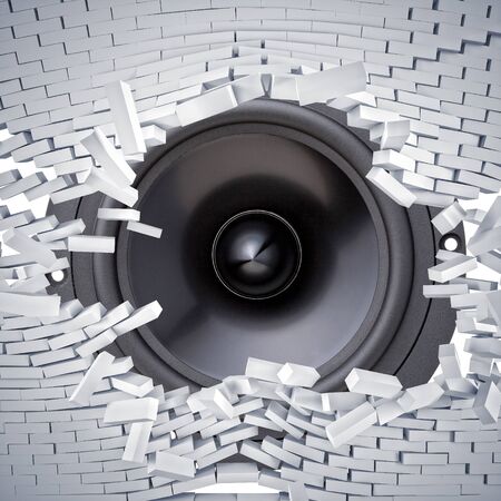 broken brick wall and huge speaker wooferの写真素材