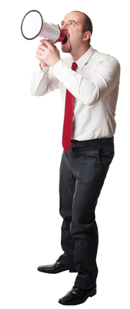 man with megaphone isolated on whiteの写真素材