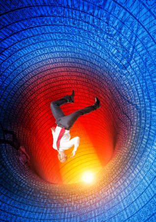 man fall in binary code tunnellの写真素材