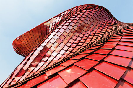 detail of red modern metal tile roofのeditorial素材
