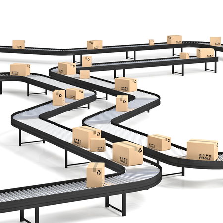 conveyor belt line with boxes 3d renderingの写真素材
