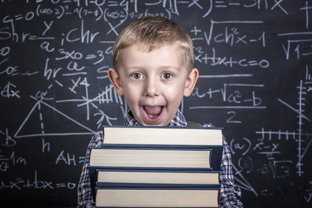 caucasian young student and blackboard background
