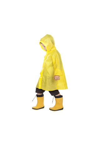 child with raincoat isolated on white backgroundの写真素材
