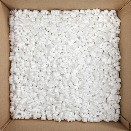 box packaging with polystyrene peanuts insideの写真素材