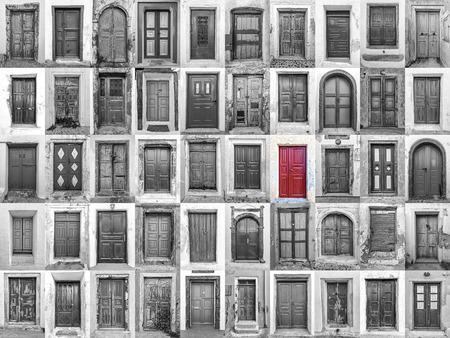 composition of different colorful old doors in santorini greeceの写真素材