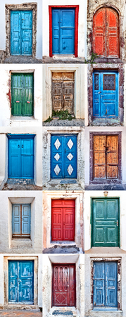 composition of different colorful old doors in santorini greeceの写真素材