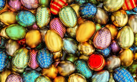 lots of golden artistic easter eggs 3d rendering imageの写真素材