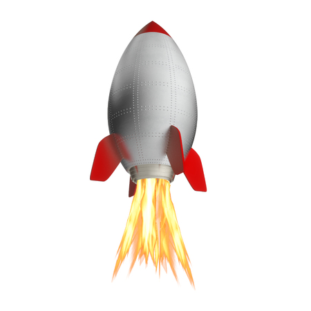 steel rocket with flame isolated on white background 3d rendering imageの写真素材