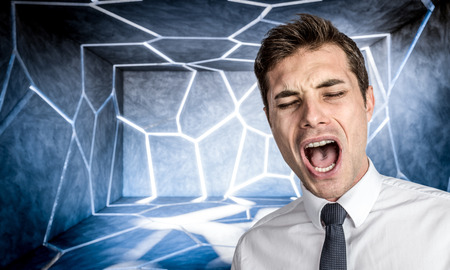 stresssed man portrait and cracked abstract concrete room の写真素材