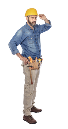 portrait of caucasian handyman isolated on whiteの写真素材