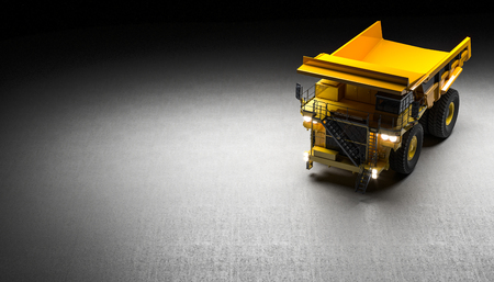 3d render image of a huge yellow quarry truck with lighted headlights and on a concrete background. View from above.の写真素材