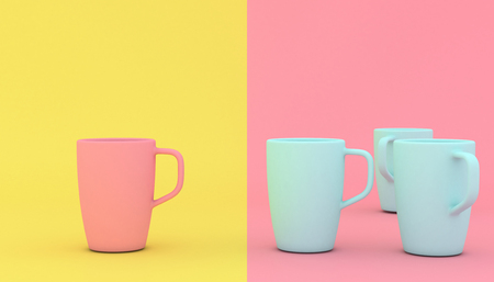 stylized pink and blue cups on a two-colored background. Game of contrasts. 3d image renderの写真素材